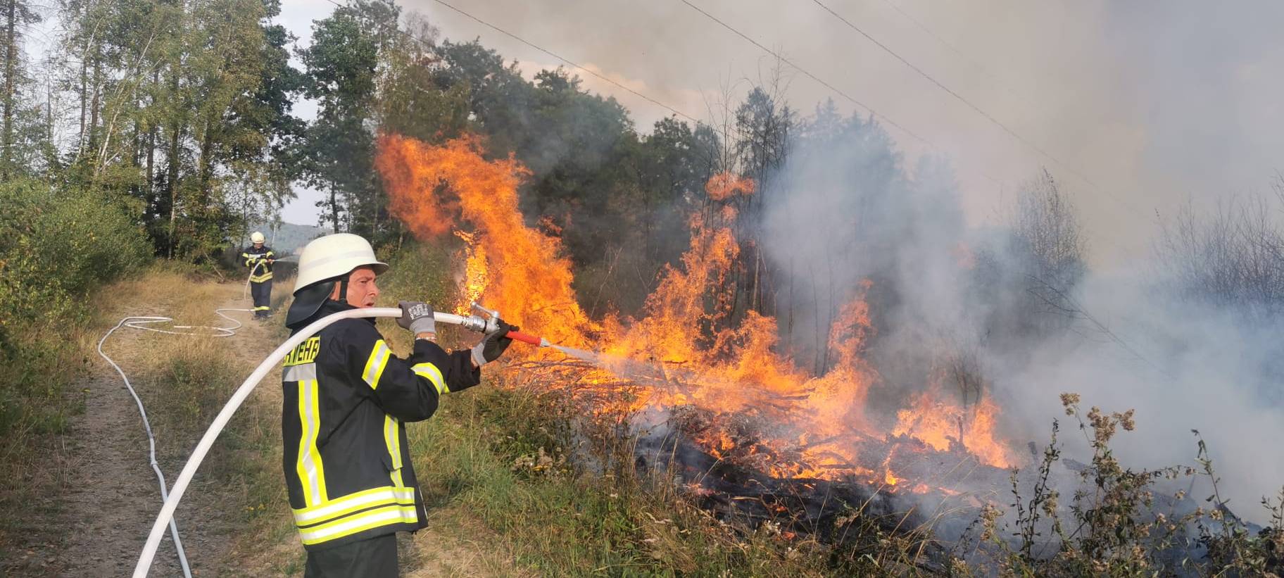 Ein Feuerwehrmann versucht, das Waldstück zu löschen. Im Hintergrund lodern die Flammen, man sieht die Hochspannungsleitung.