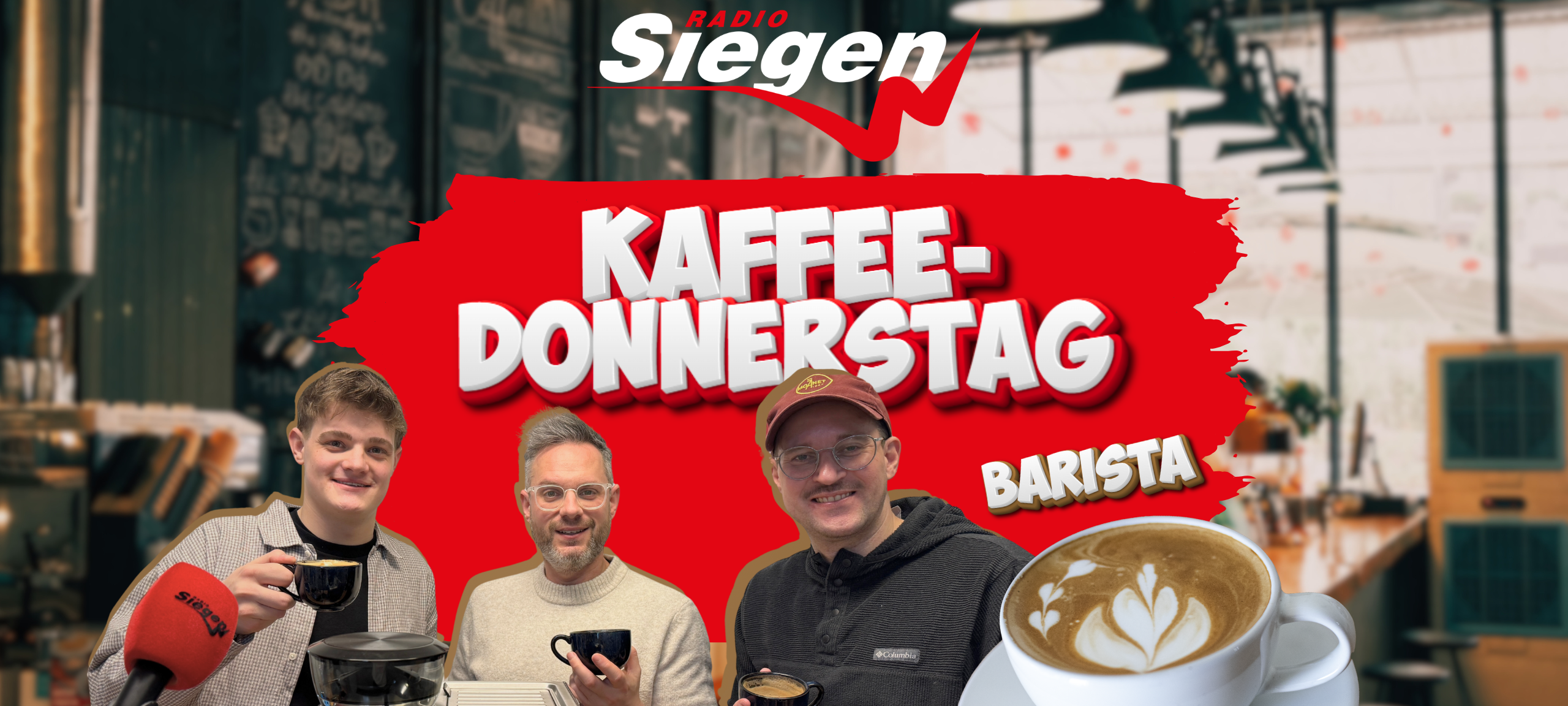 Cover des Kaffee-Donnerstags mit Barista Sinan Muslu und den Radio Siegen Moderatoren Florian Rubens und Noel Schäfer